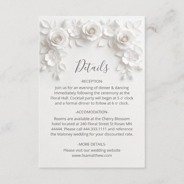 Tarjeta De Recepción 3D Sculptured Roses Minimalist White (Anverso)