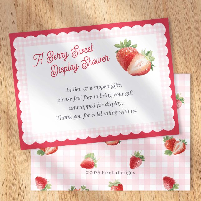 Tarjeta De Recepción A Berry Sweet Display Shower-Strawberry Themed (Strawberry Themed Display Shower enclosure card. Pink Gingham Berry Sweet Baby shower insert cards.)