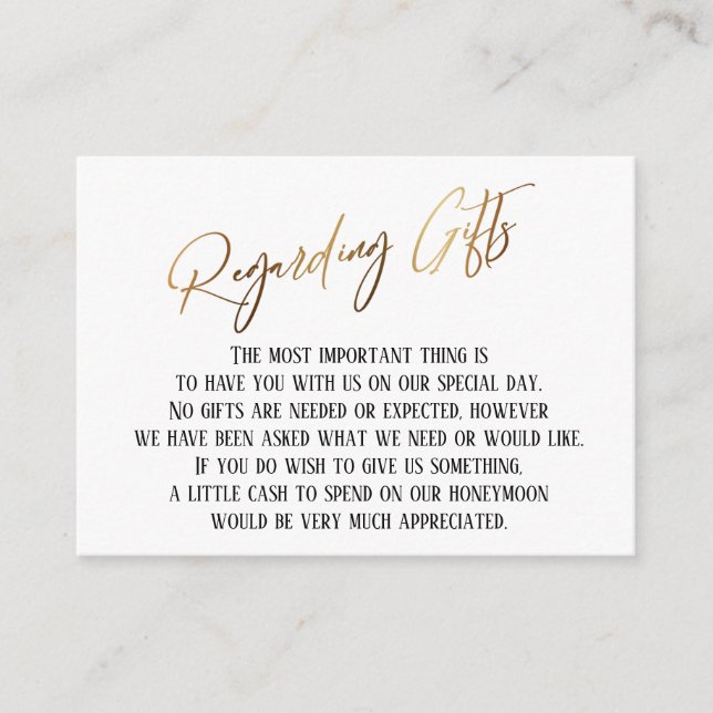 Tarjeta De Recepción Acerca de los regalos Boda moderno de escritura a  (Anverso)