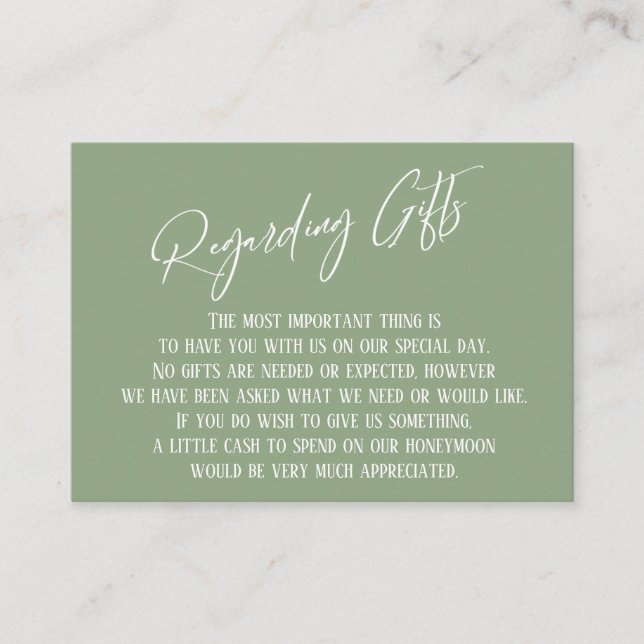 Tarjeta De Recepción Acerca de los regalos Escritura a mano Sage Green (Anverso)