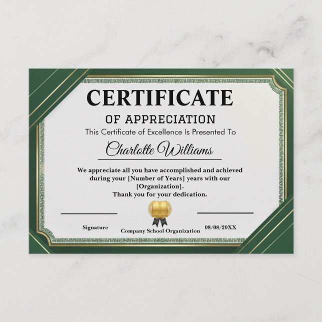 Tarjeta De Recepción Achievement Appreciate Gold Green Certificate (Anverso)