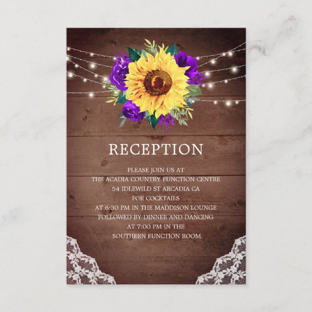 Tarjeta De Recepción Acogida Boda Sunflower Morado Rosa Lace (Anverso)