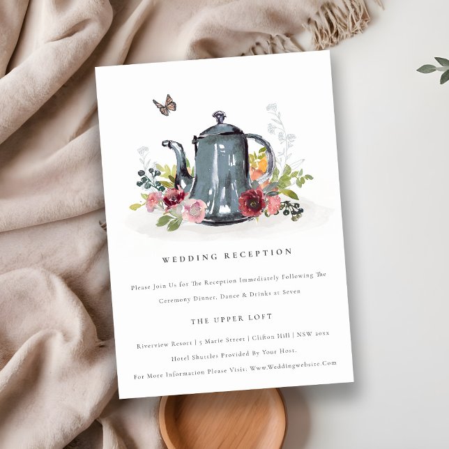 Tarjeta De Recepción Acogida de boda de Rosa de Leafy floral con tetera (Subido por el creador)