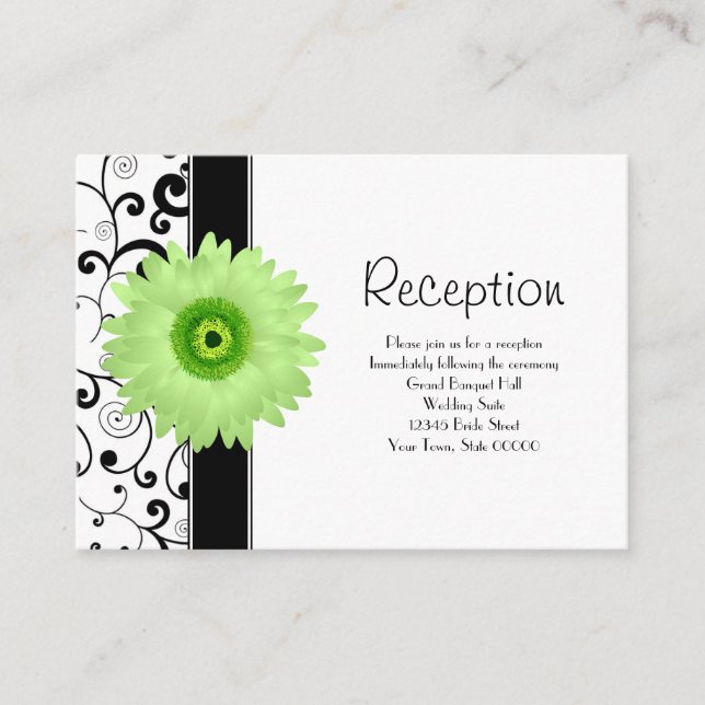 Tarjeta De Recepción Acogida de boda Green Gerbera Daisy Black Scroll (Anverso)