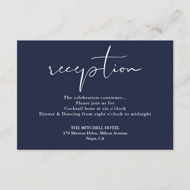 Tarjeta De Recepción Acogida de bodas con estilo de escritura azul de l (Anverso)