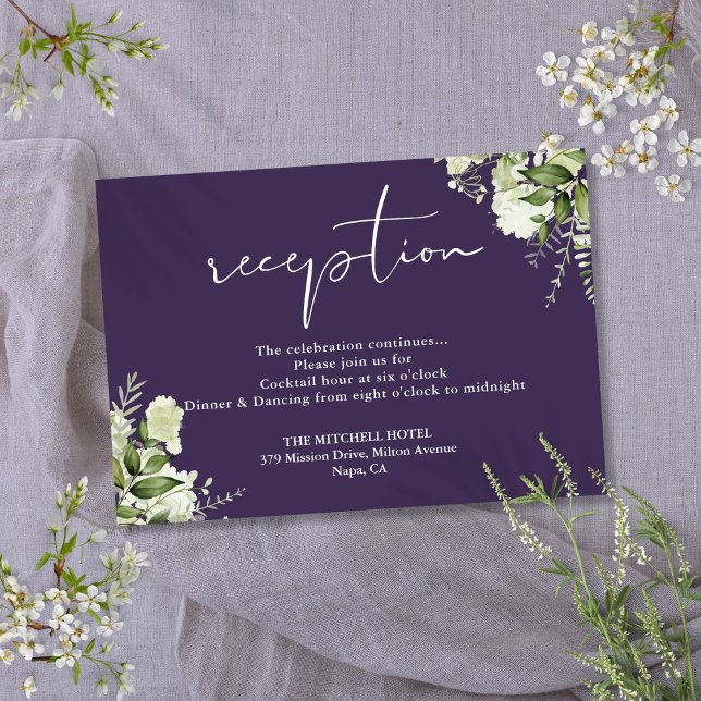 Tarjeta De Recepción Acogida de bodas con guion de vegetación púrpura (Purple Greenery Script Wedding Reception Enclosure Card)