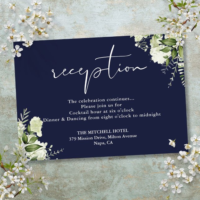 Tarjeta De Recepción Acogida de bodas florales en la Marina Blue Greene (Navy Blue Greenery Floral Wedding Reception Enclosure Card)