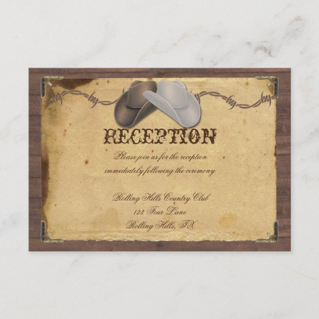 Tarjeta De Recepción Acogida de bodas para Gorras rústicos de vaqueros (Anverso)