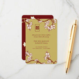 Tarjeta De Recepción Acogida de doble felicidad de color rojo con flore