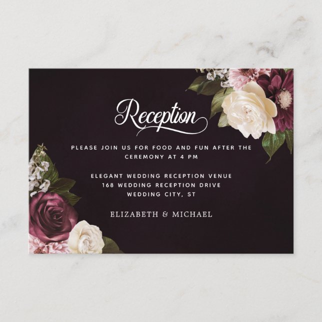 Tarjeta De Recepción Acogida Moody Floral Elegante Boda Oscura (Anverso)