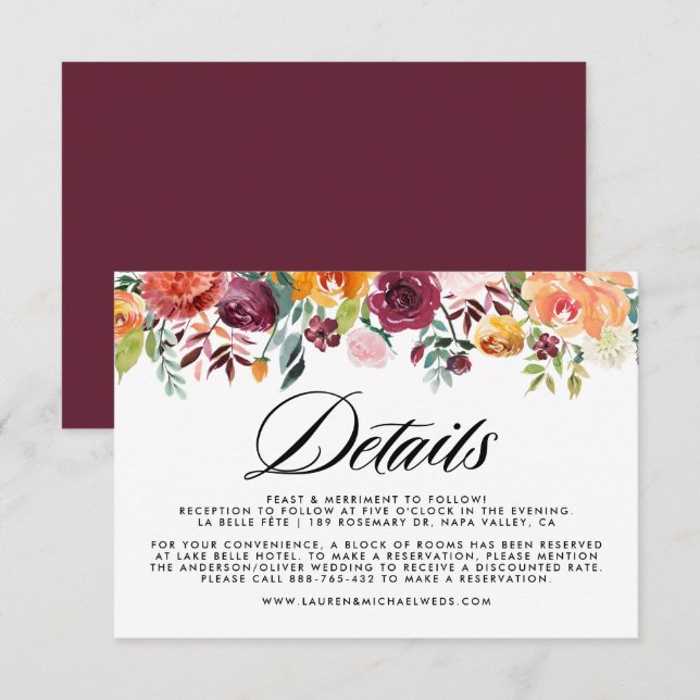Tarjeta De Recepción Acuarela Autumoms Blooms Garland Boda Detalles (Anverso / Reverso)