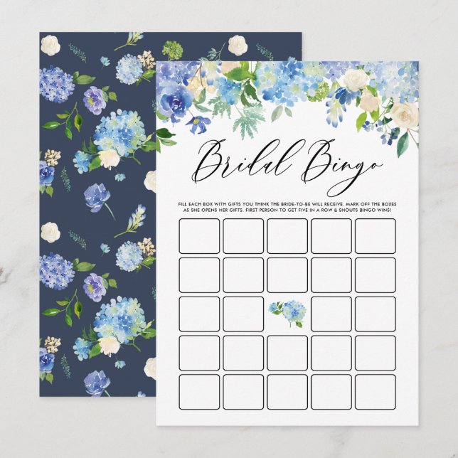 Tarjeta De Recepción Acuarela Azul Hidrangea Bridal Ducha Bingo (Anverso / Reverso)