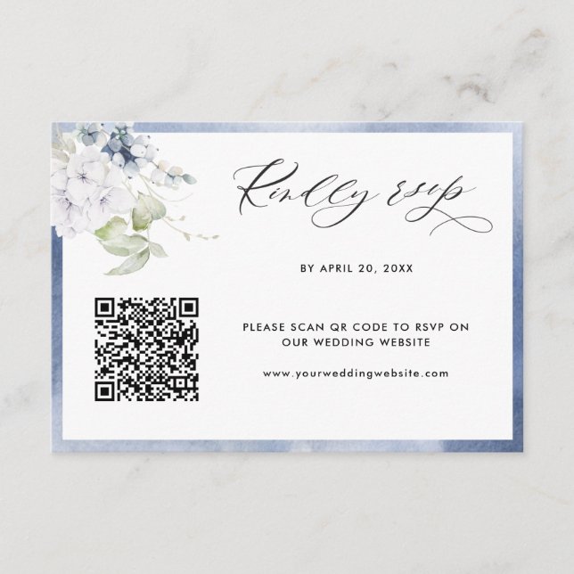Tarjeta De Recepción Acuarela azul marina, Boda floral Código QR RSVP (Anverso)