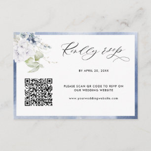Tarjeta De Recepción Acuarela azul marina, Boda floral Código QR RSVP