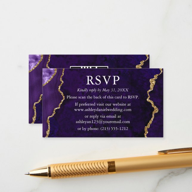 Tarjeta De Recepción Acuarela Boda de Mármol Púrpura RSVP QR Atrás (Anverso/Reverso In Situ)