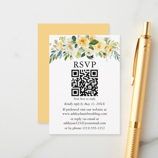 Tarjeta De Recepción Acuarela Boda floral blanco amarillo QR RSVP (Anverso/Reverso In Situ)