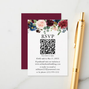 Tarjeta De Recepción Acuarela Boda floral mixta Borgoña QR RSVP