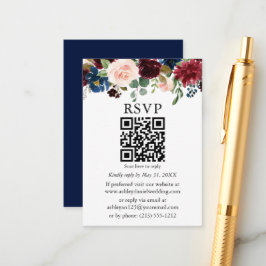 Tarjeta De Recepción Acuarela Boda floral mixto Blue QR RSVP
