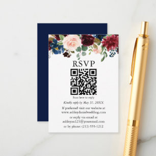 Tarjeta De Recepción Acuarela Boda floral mixto Blue QR RSVP