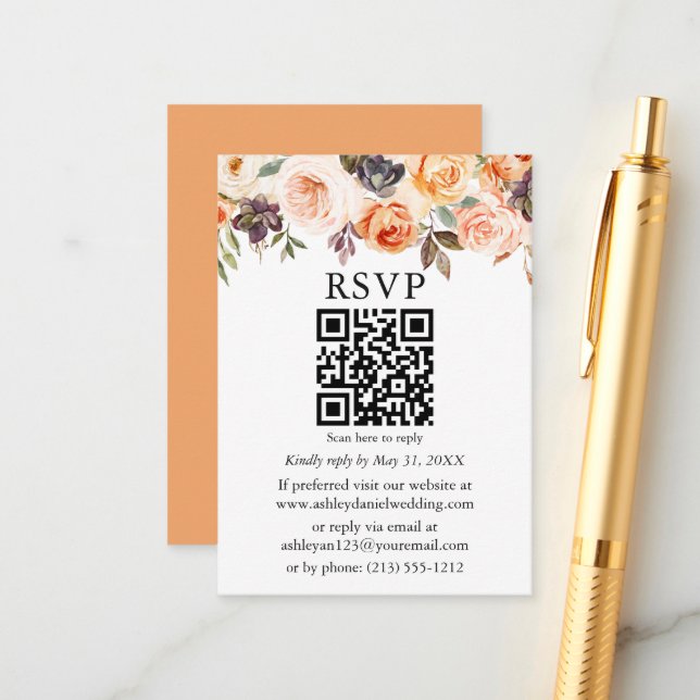 Tarjeta De Recepción Acuarela Boda floral otoño Peach QR RSVP (Anverso/Reverso In Situ)