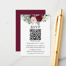 Tarjeta De Recepción Acuarela Borgoña Floral Verdor QR RSVP
