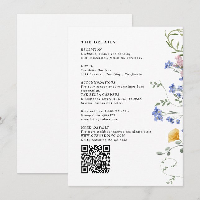 Tarjeta De Recepción Acuarela Detalles de Flor silvestre y Boda de códi (Anverso / Reverso)