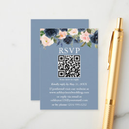 Tarjeta De Recepción Acuarela Dusty Azul Floral rosa QR RSVP