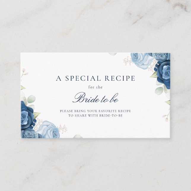 Tarjeta De Recepción Acuarela Dusty Blue Floral Bridal Shower Receta (Anverso)