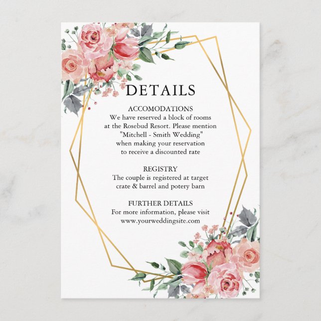 Tarjeta De Recepción Acuarela Dusty Rosa Boda Floral Rosa DETALLES (Anverso)