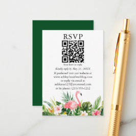 Tarjeta De Recepción Acuarela Flamingo Floral Tropical QR RSVP Verde