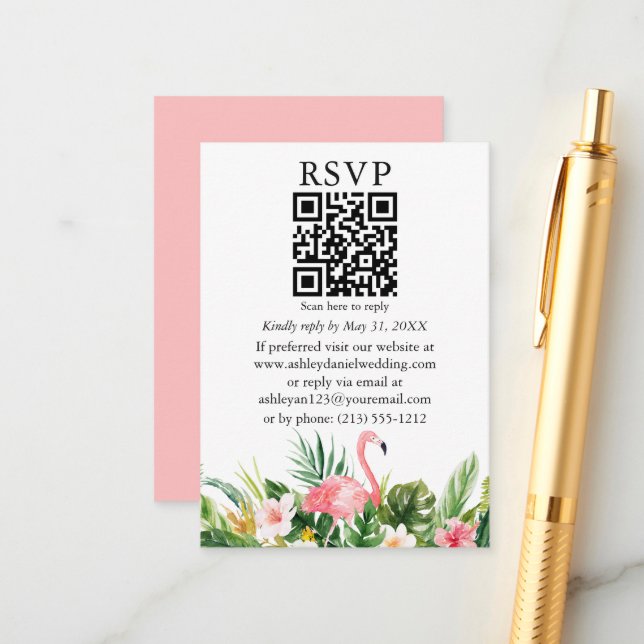 Tarjeta De Recepción Acuarela Flamingo rosa floral tropical QR RSVP (Anverso/Reverso In Situ)