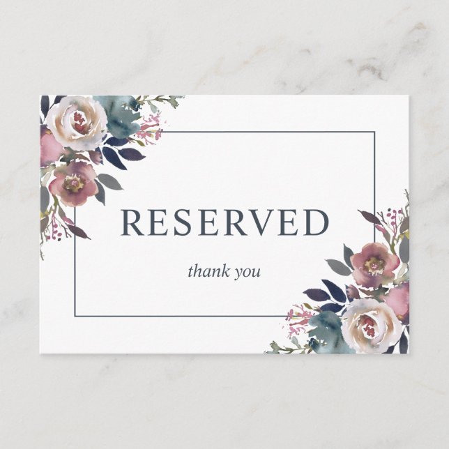Tarjeta De Recepción Acuarela Floral Dusty Rosa Mauve Blue RESERVADO (Anverso)