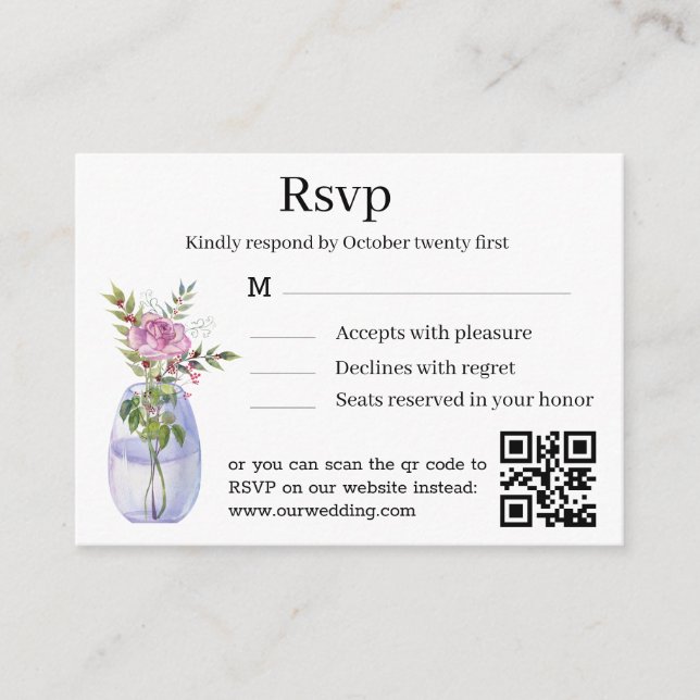 Tarjeta De Recepción acuarela floral elegante boda rsvp qr código (Anverso)