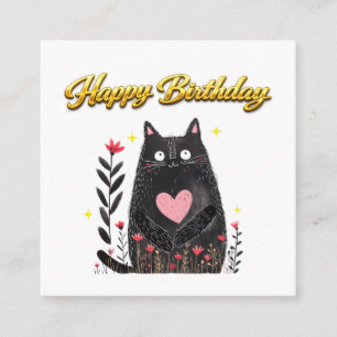 Tarjeta De Recepción Acuarela Floral Gato Negro Corazón Rosa Cumpleaños