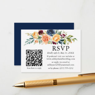 Tarjeta De Recepción Acuarela Floral mixta QR Boda Azul RSVP