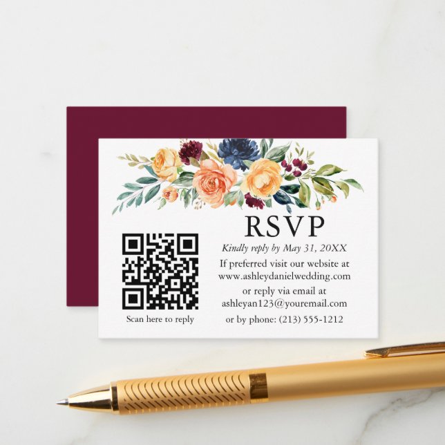 Tarjeta De Recepción Acuarela Floral mixta QR Wedding RSVP (Anverso/Reverso In Situ)
