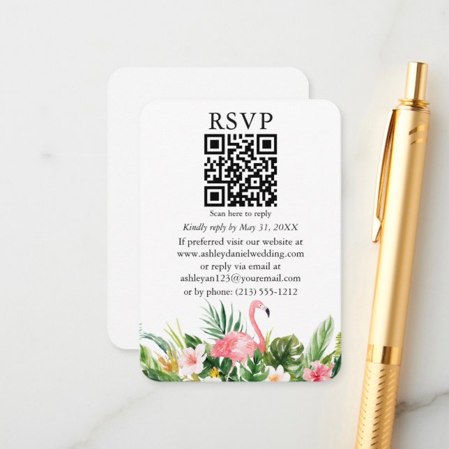 Tarjeta De Recepción Acuarela Floral tropical QR RSVP Flamingo rosa (Anverso/Reverso In Situ)