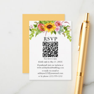Tarjeta De Recepción Acuarela Girasol Boda Floral QR RSVP Amarillo