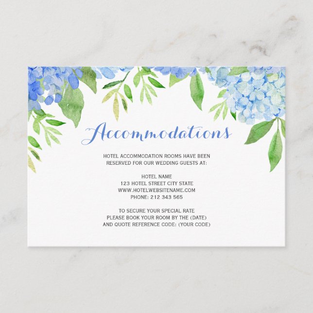 Tarjeta De Recepción Acuarela Hidrangea Alojamiento Floral Azul (Anverso)