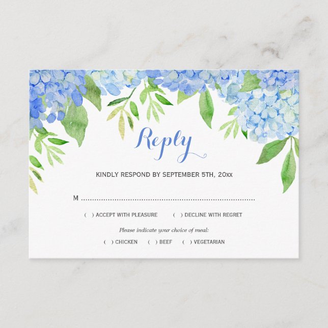 Tarjeta De Recepción Acuarela Hidrangea Azul Boda Floral Comida RSVP (Anverso)