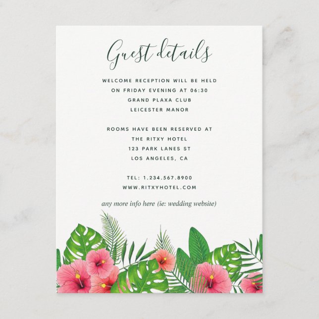 Tarjeta De Recepción Acuarela Hojas Tropicales Boda Detalles del invita (Anverso)