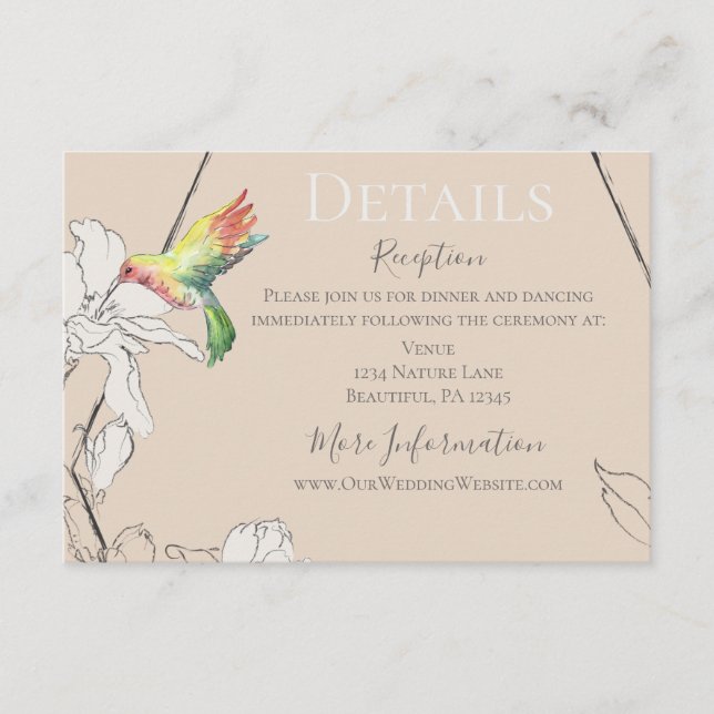 Tarjeta De Recepción Acuarela Hummingbird Boda Geométrico Floral (Anverso)