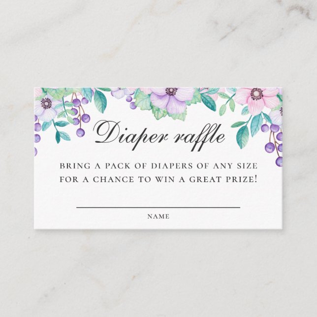 Tarjeta De Recepción Acuarela lindo jardín morado floral Diaper Raffle (Anverso)