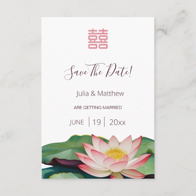 Tarjeta De Recepción Acuarela Lotus Boda China Guardar la fecha (Anverso)