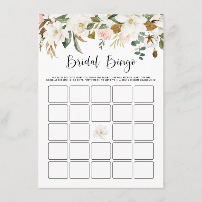 Tarjeta De Recepción Acuarela Magnolia Cotton Bridal Shower Bingo (Anverso)