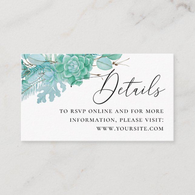 Tarjeta De Recepción Acuarela menta suculenta detalles bodas + QR (Anverso)