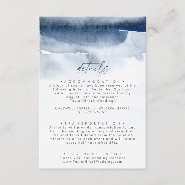 Tarjeta De Recepción Acuarela moderna | Detalles del Boda azul (Anverso)