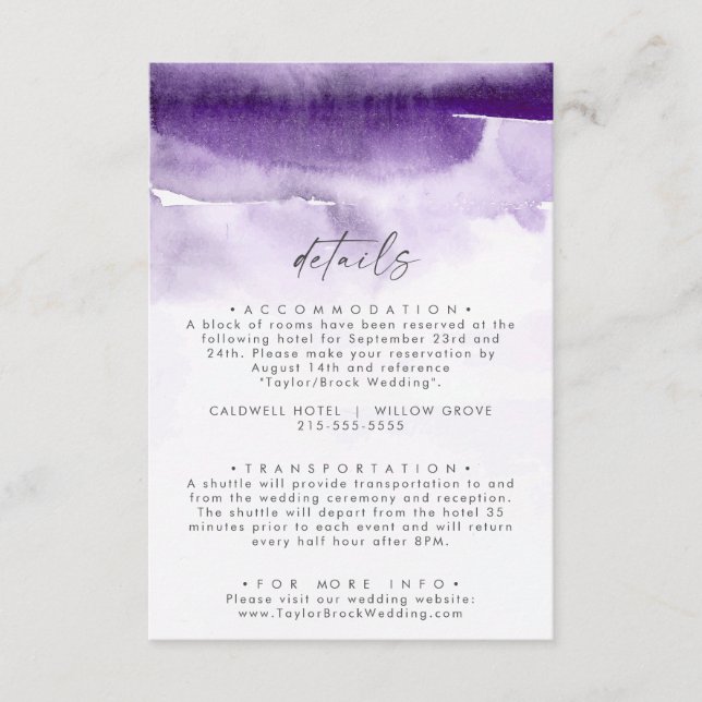 Tarjeta De Recepción Acuarela moderna | Detalles del Boda púrpura (Anverso)