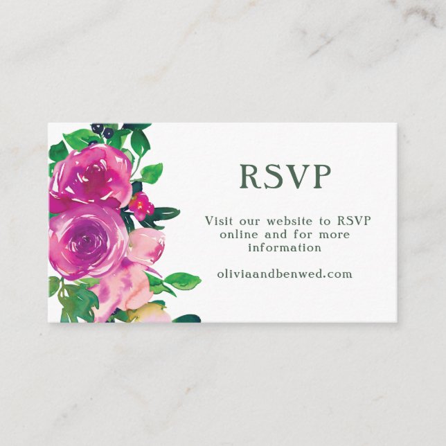 Tarjeta De Recepción Acuarela moderna Morado Magenta Floral RSVP (Anverso)