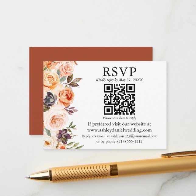 Tarjeta De Recepción Acuarela Otoño Floral QR RSVP Terracotta (Anverso/Reverso In Situ)